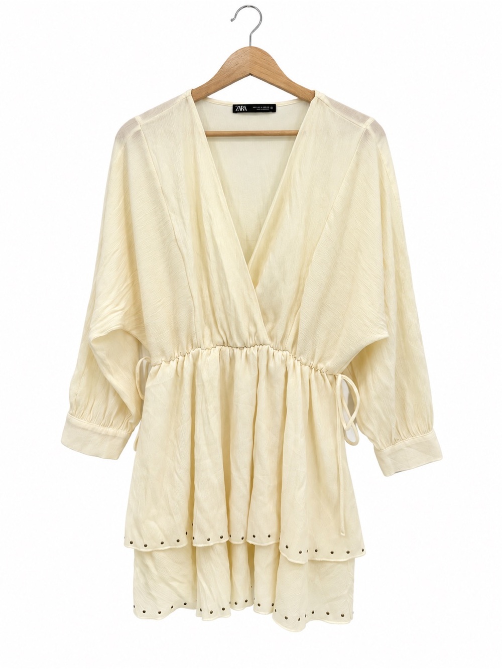 Zara Cream Ivory Tiered Mini Dress Size M Studded Hem Boho